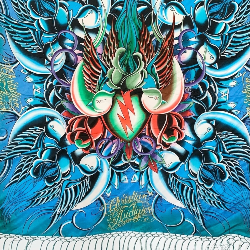 SCARF SHAWL WRAP ED HARDY 100% Silk Scarf Turquoise Aqua 40x40 Fringe Birds RARE - Picture 3 of 3